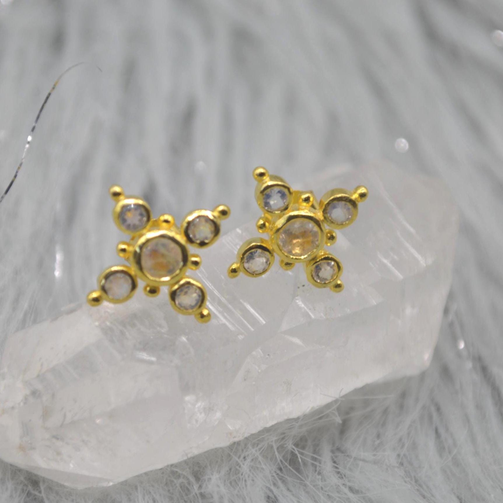 Rainbow Moonstone Gold Stud Earrings: Sterling Silver