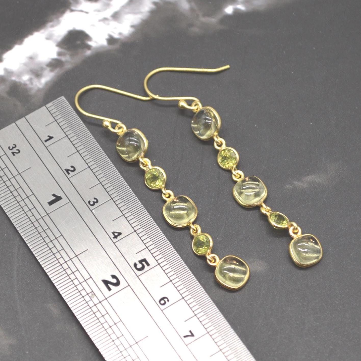 Lemon Quartz, Peridot Gold Earrings: Sterling Silver Dangle Drop, August Birthstone