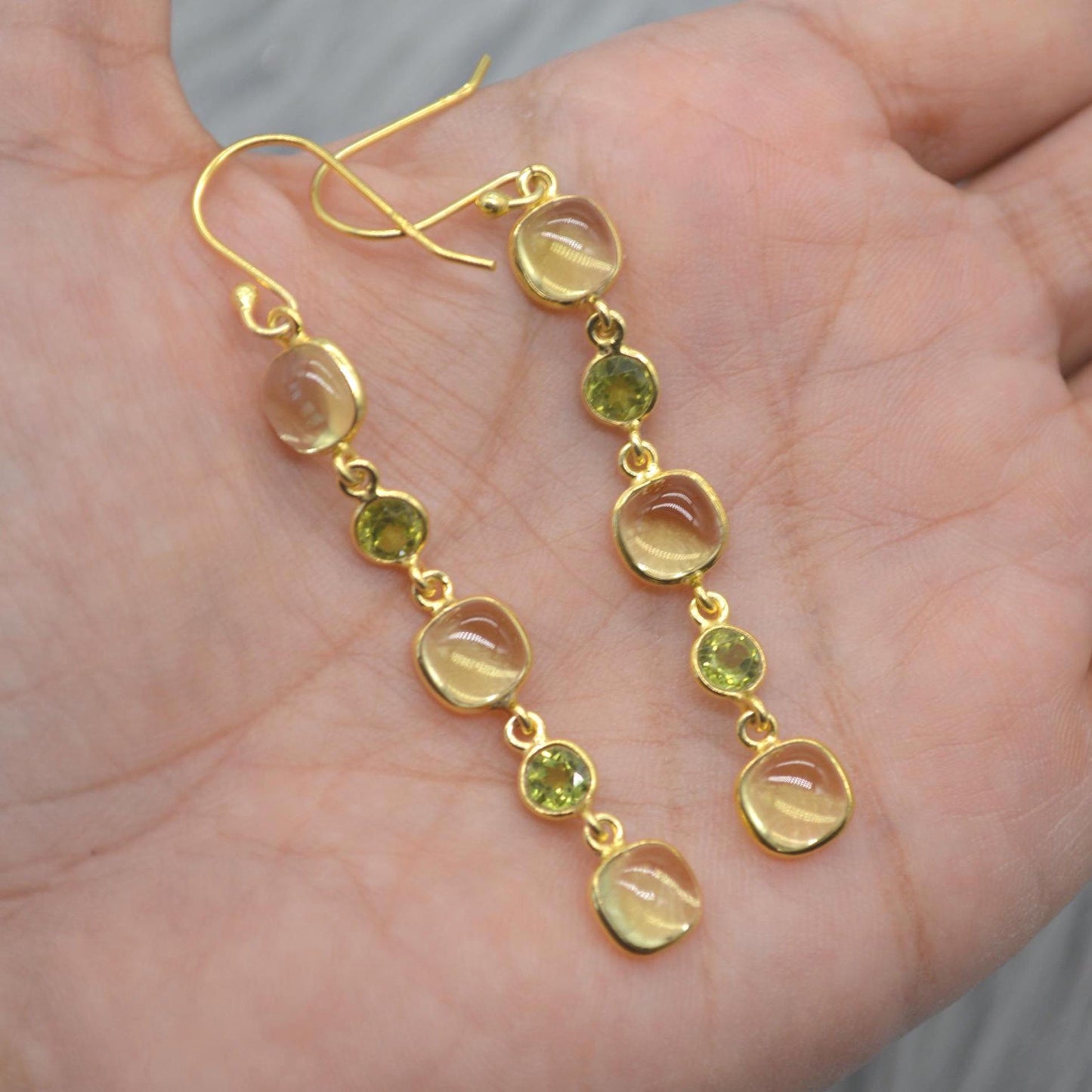 Lemon Quartz, Peridot Gold Earrings: Sterling Silver Dangle Drop, August Birthstone