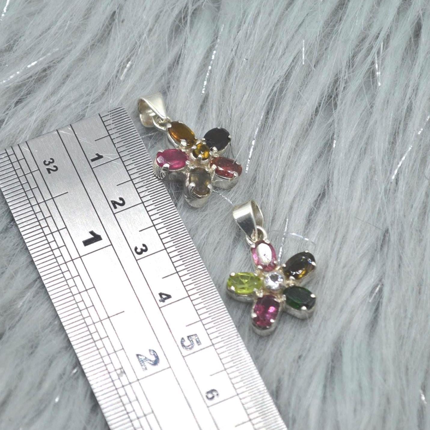 Tourmaline Silver Pendant Necklace: Pink, Green, Yellow Gemstone, October Birthstone