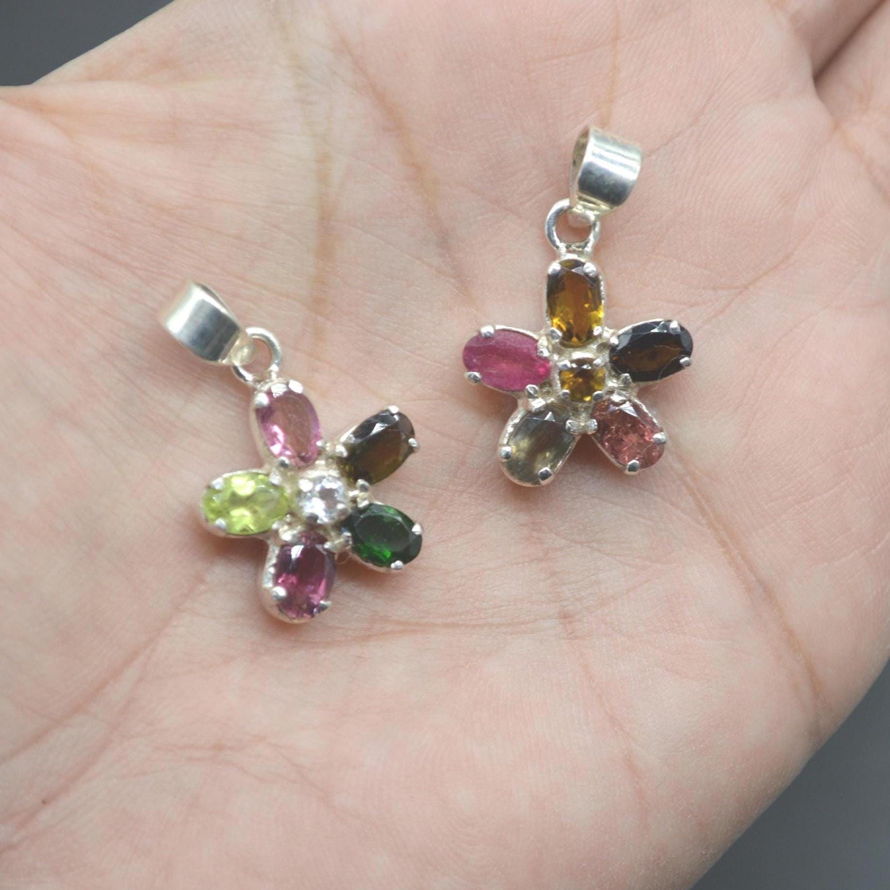 Tourmaline Silver Pendant Necklace: Pink, Green, Yellow Gemstone, October Birthstone