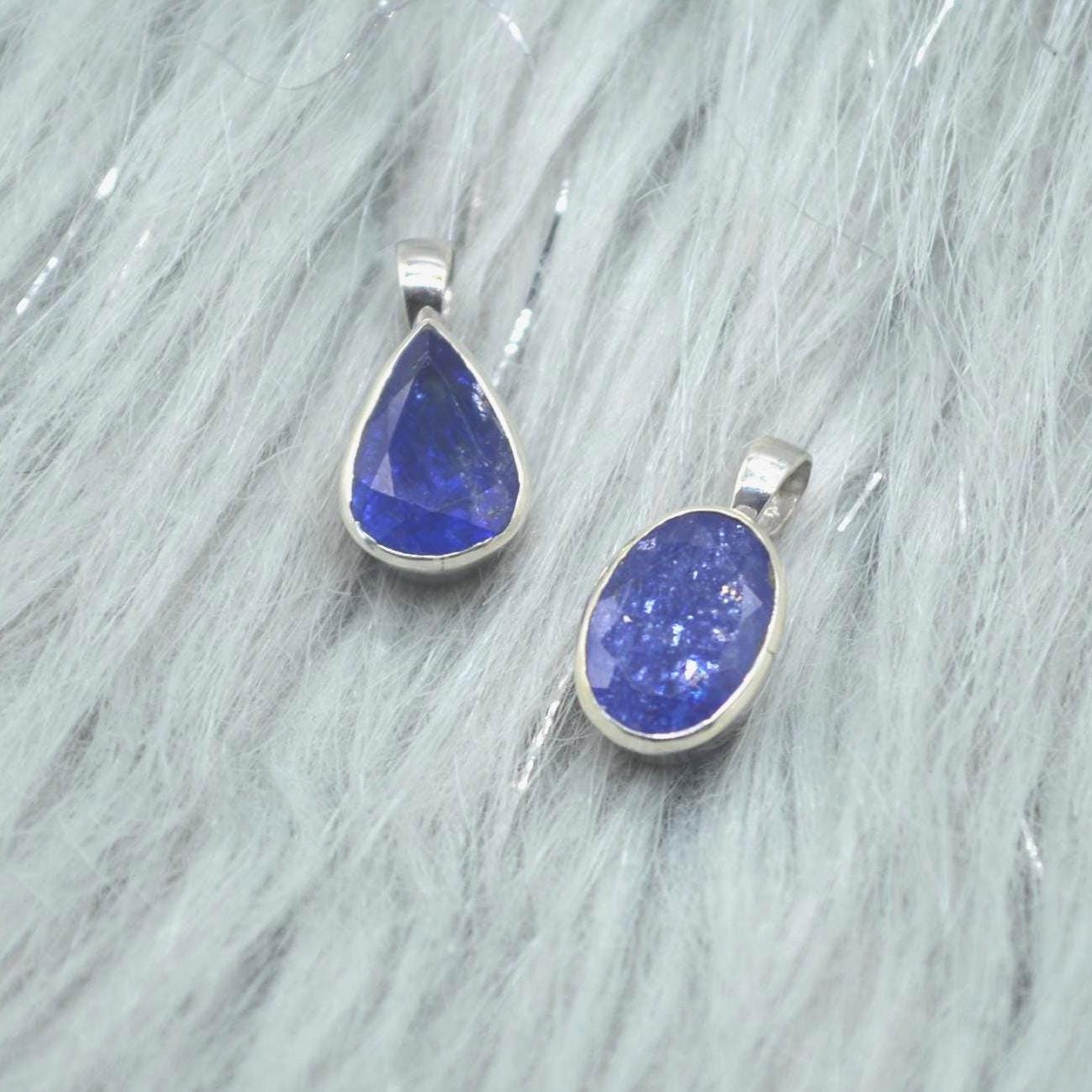Tanzanite Silver Pendant Necklace: Oval or Teardrop, Blue Gemstone, December Birthstone