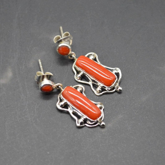 Red Coral Sterling Silver Earrings: Rectangle Drop