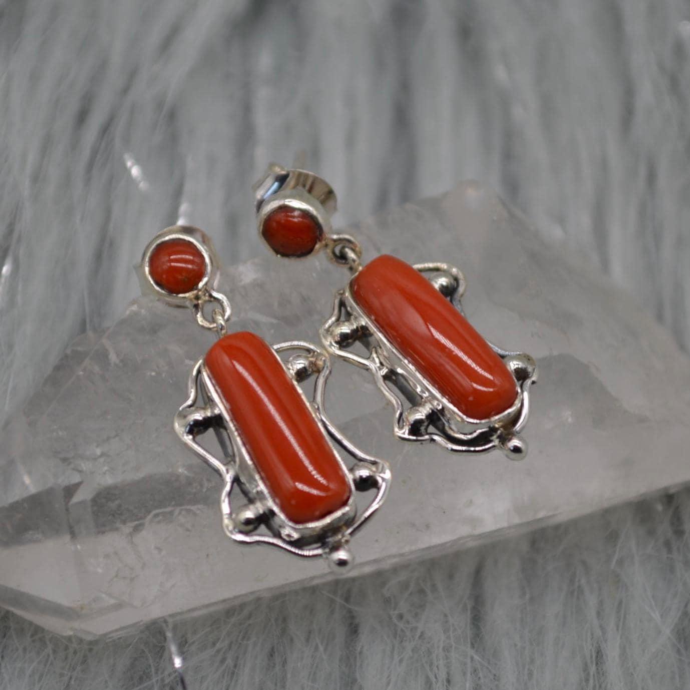 Red Coral Sterling Silver Earrings: Rectangle Drop