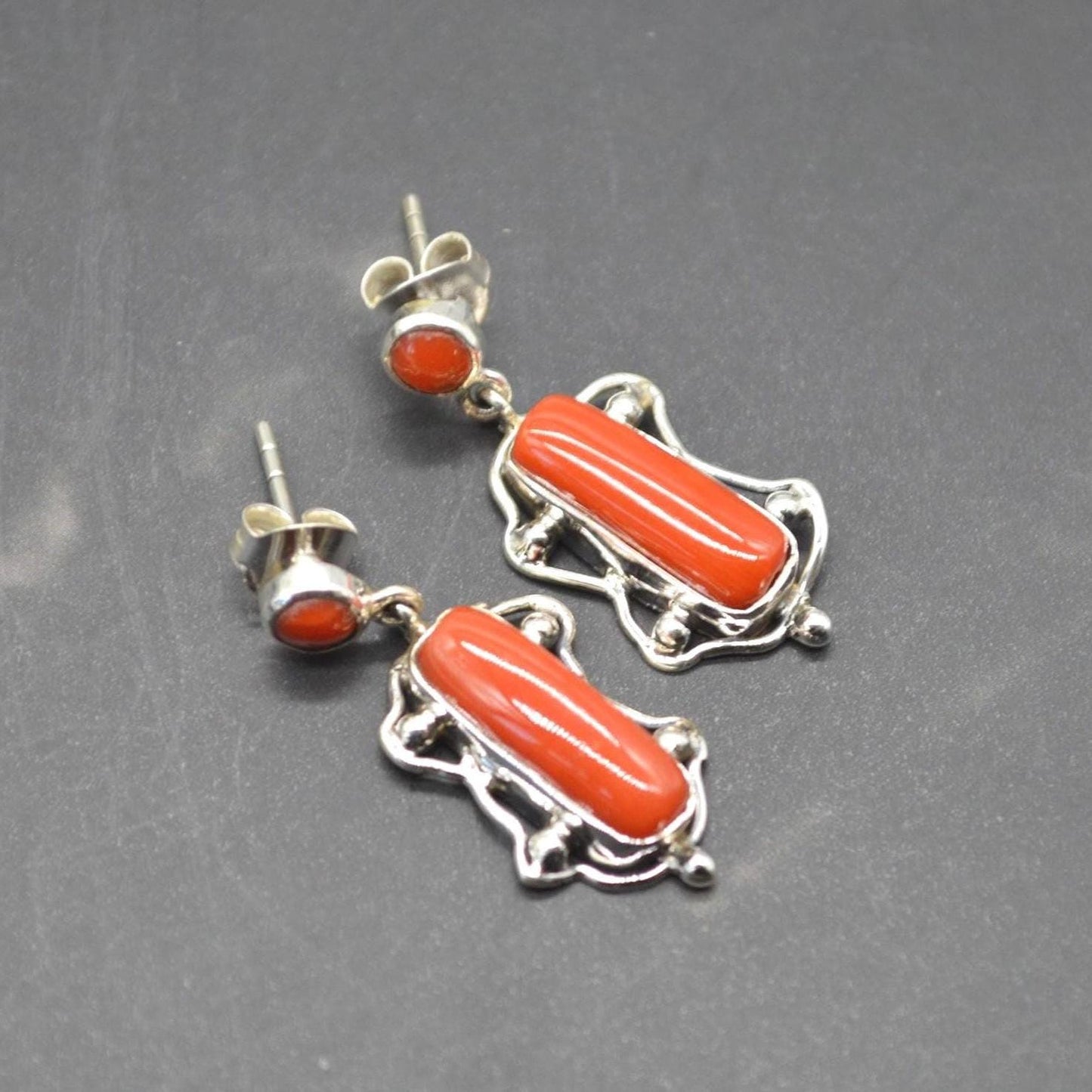 Red Coral Sterling Silver Earrings: Rectangle Drop