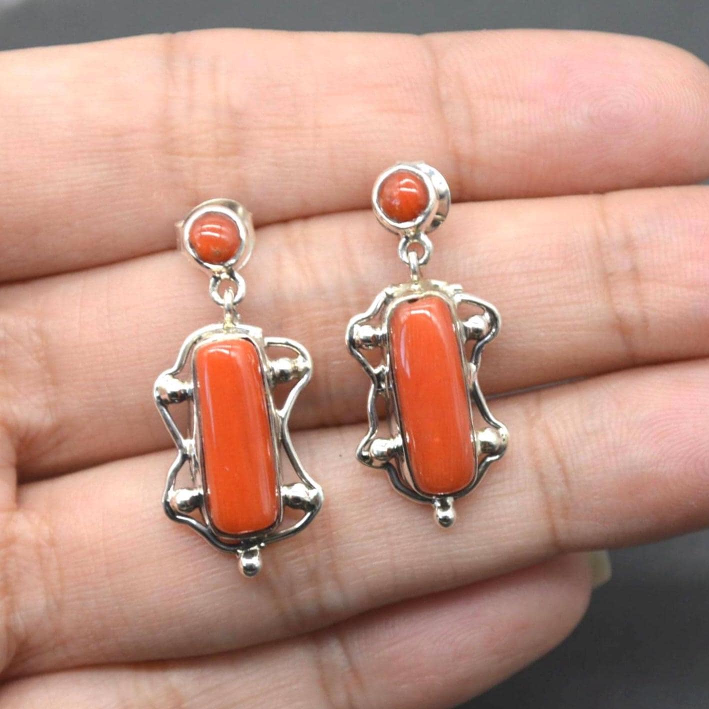 Red Coral Sterling Silver Earrings: Rectangle Drop