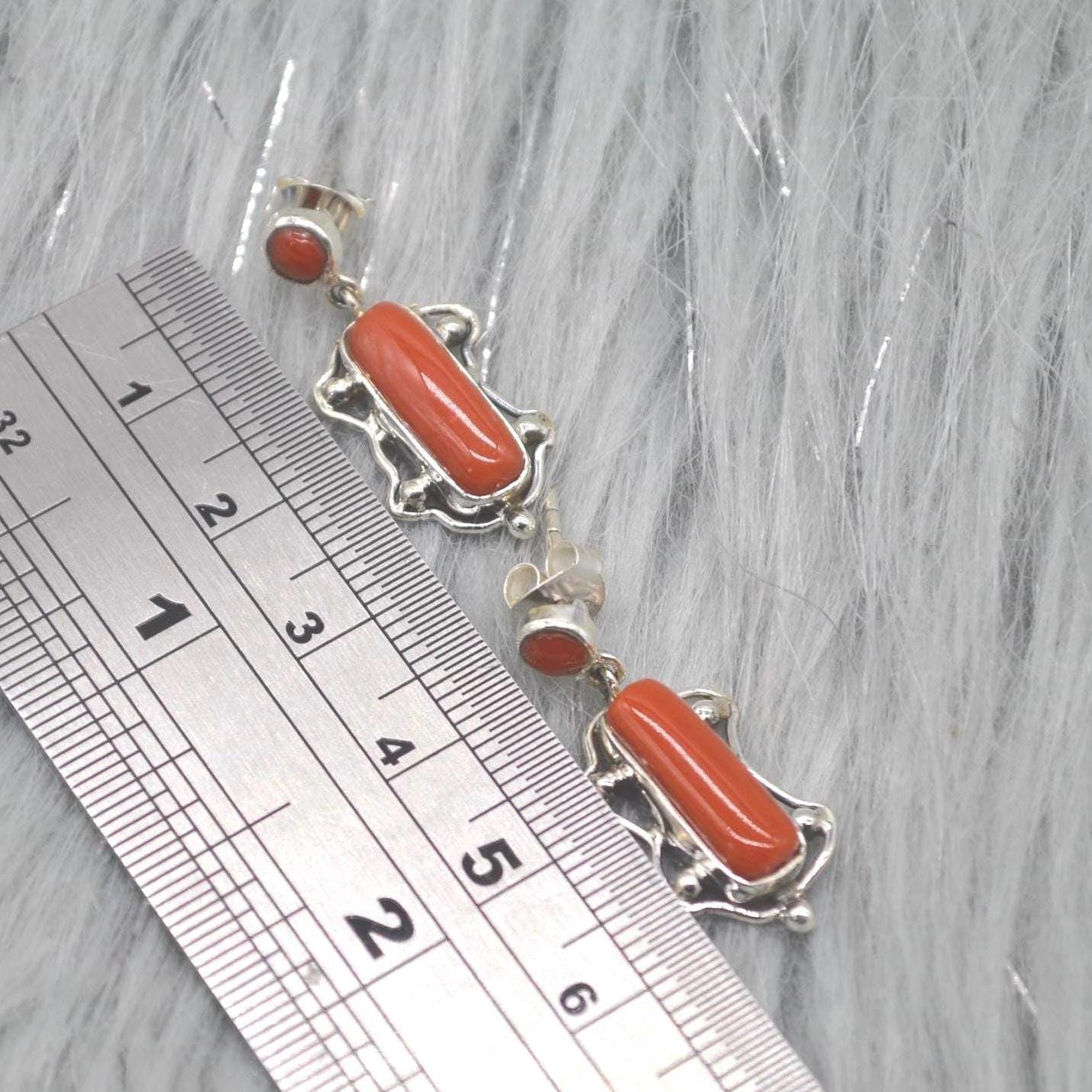 Red Coral Sterling Silver Earrings: Rectangle Drop