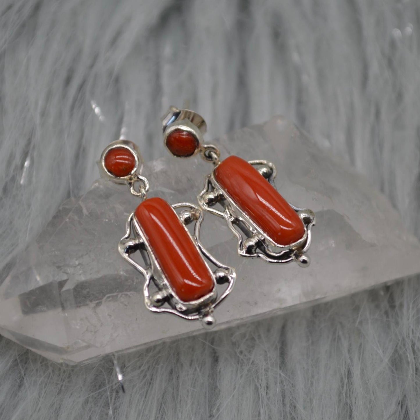 Red Coral Sterling Silver Earrings: Rectangle Drop