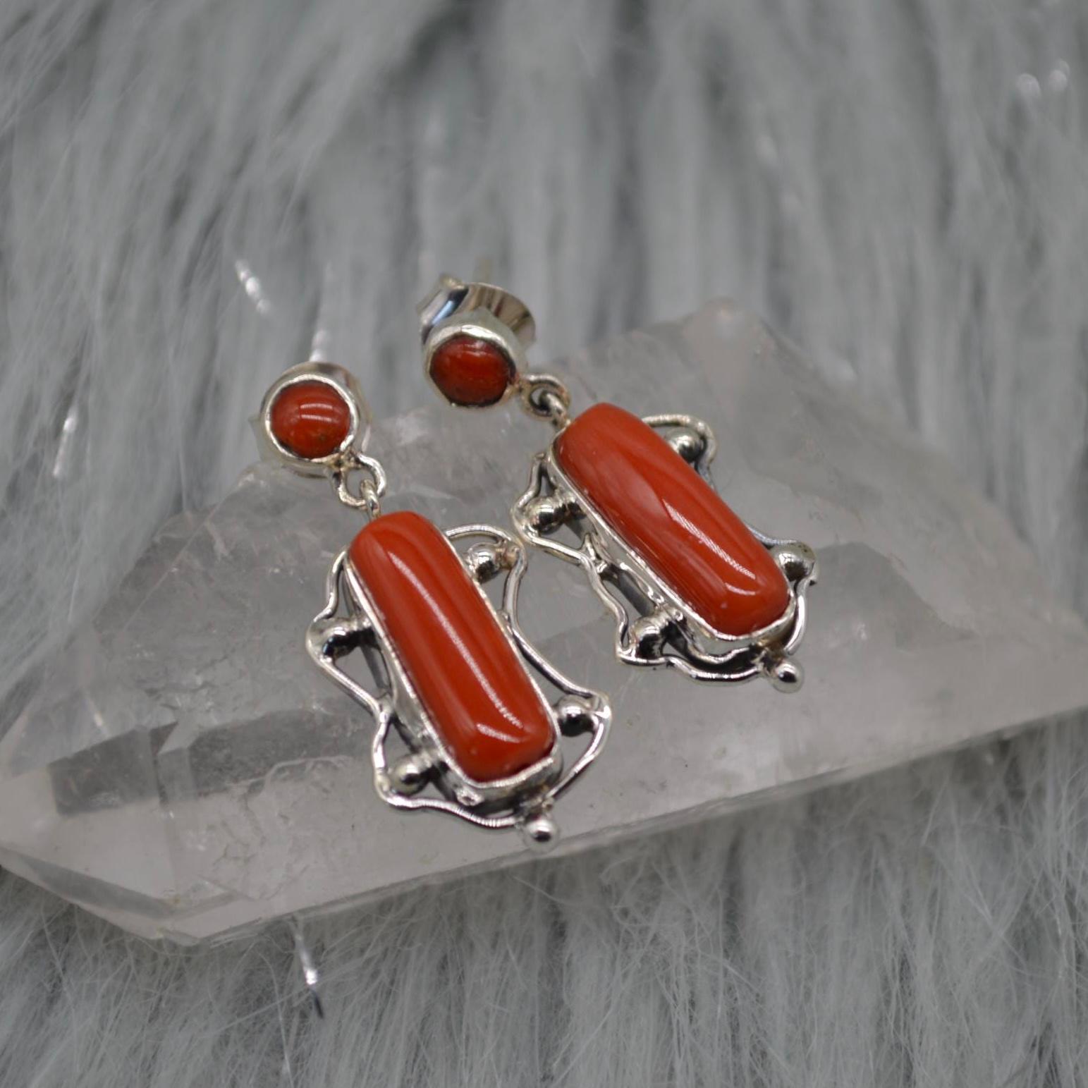 Red Coral Sterling Silver Earrings: Rectangle Drop
