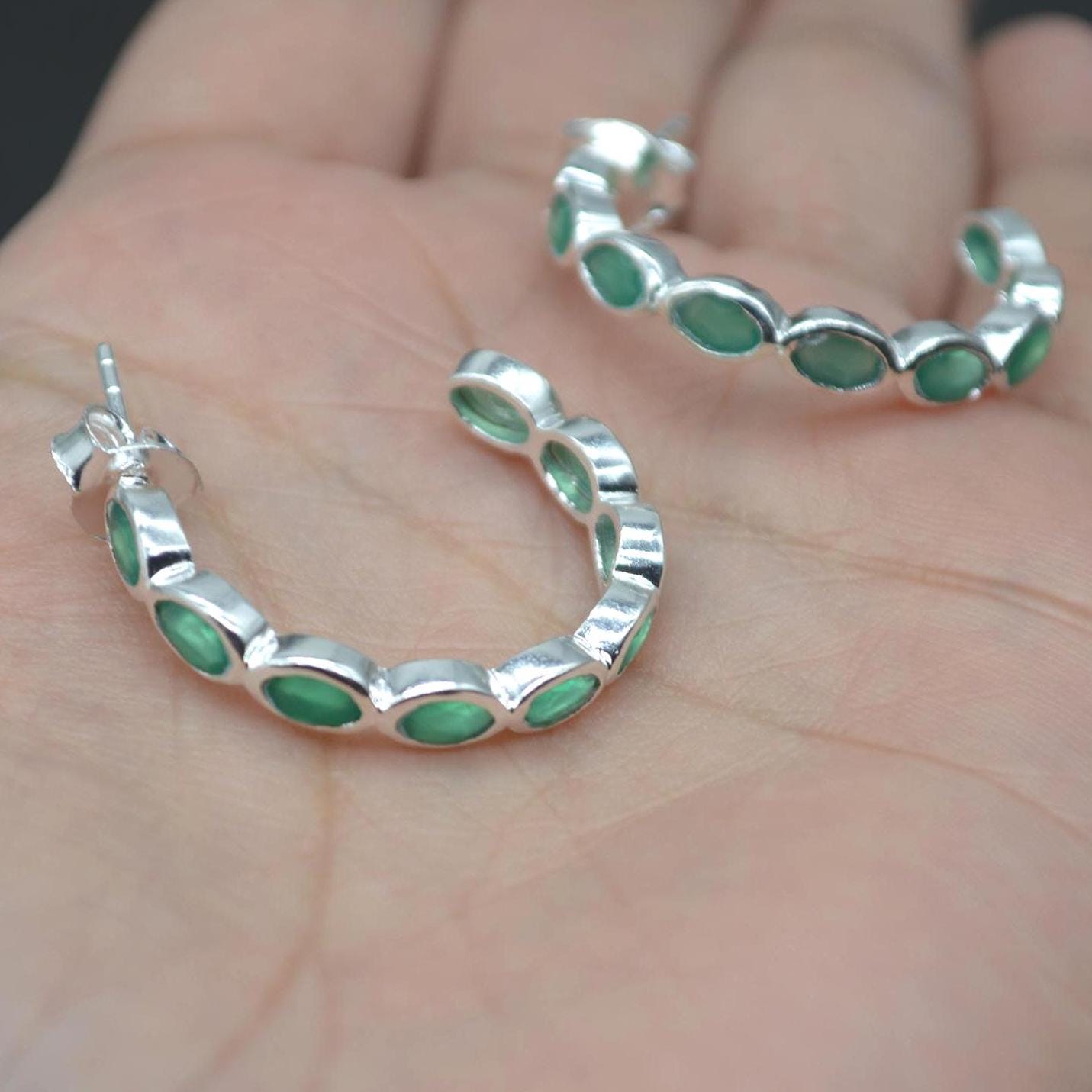 Green Onyx Hoop Earrings: Sterling Silver