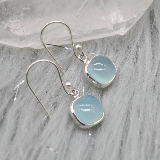 Aqua Chalcedony Silver Earrings: Square Dangle Drop, Handmade Blue Gemstone Jewelry