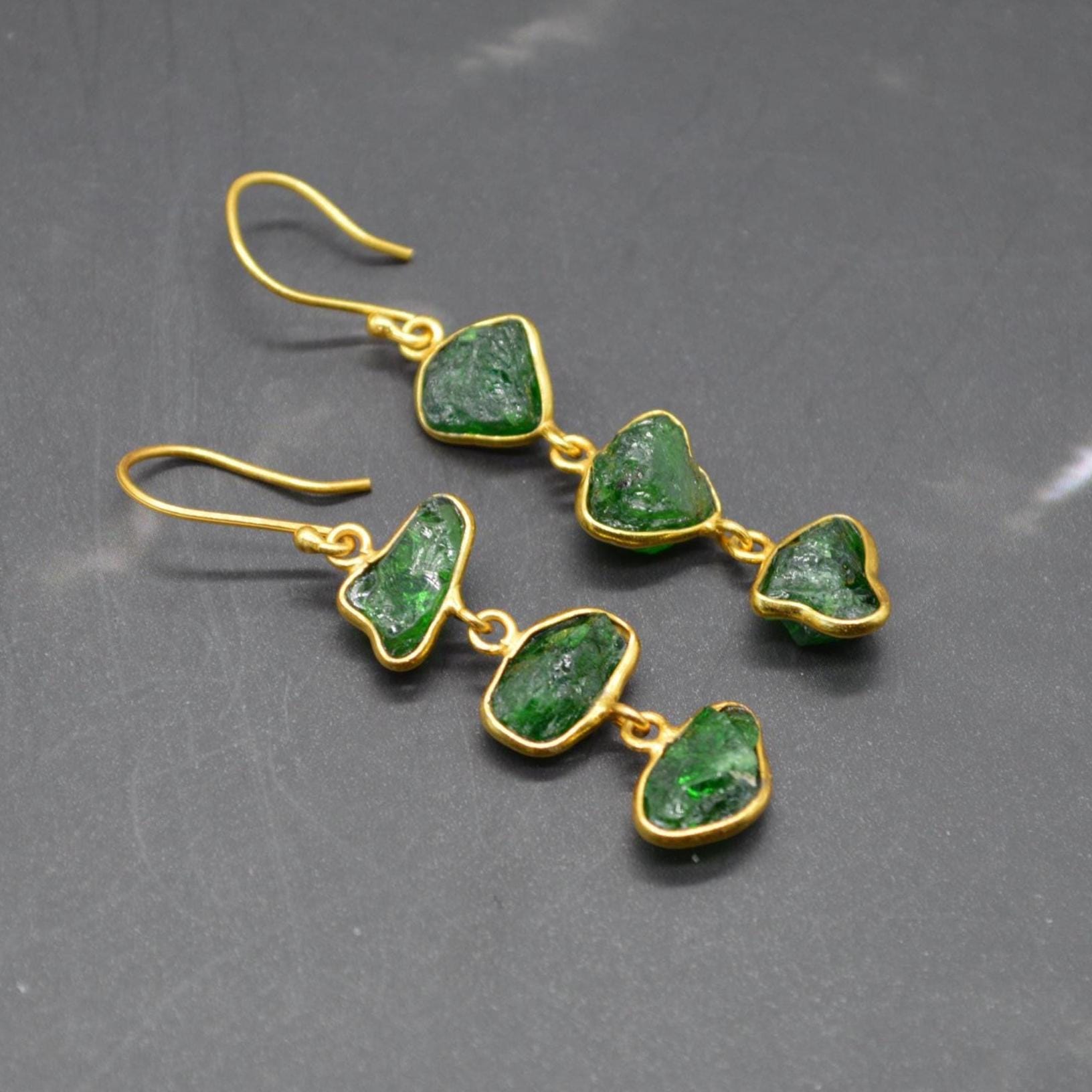 Green Tsavorite Garnet Gold Earrings: Sterling Silver, Gemstone Dangle Drop, January Birthstone