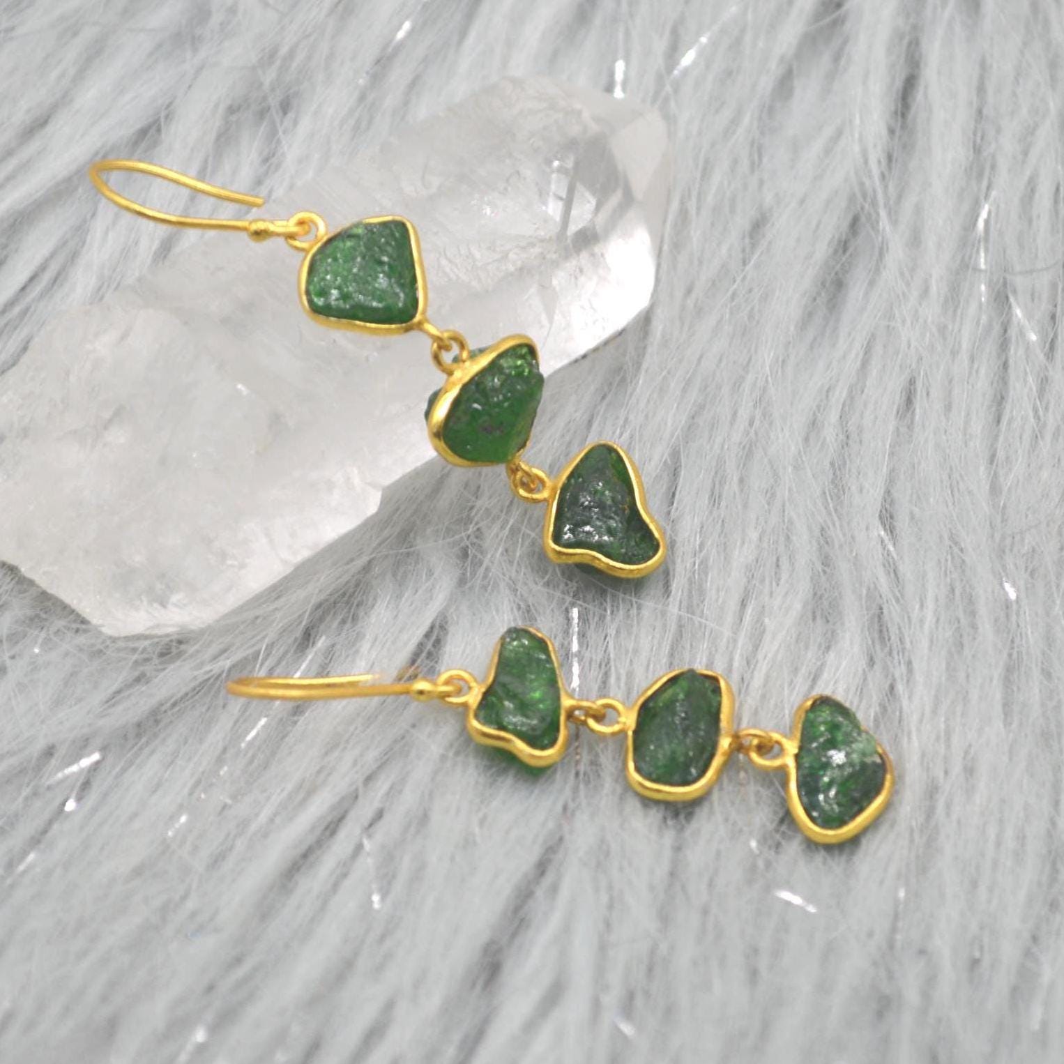 Green Tsavorite Garnet Gold Earrings: Sterling Silver, Gemstone Dangle Drop, January Birthstone