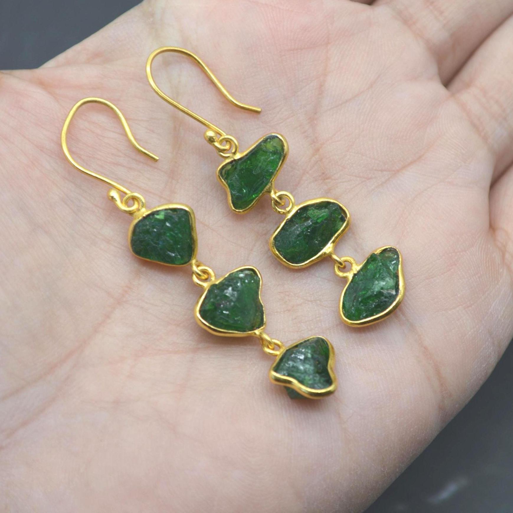 Green Tsavorite Garnet Gold Earrings: Sterling Silver, Gemstone Dangle Drop, January Birthstone