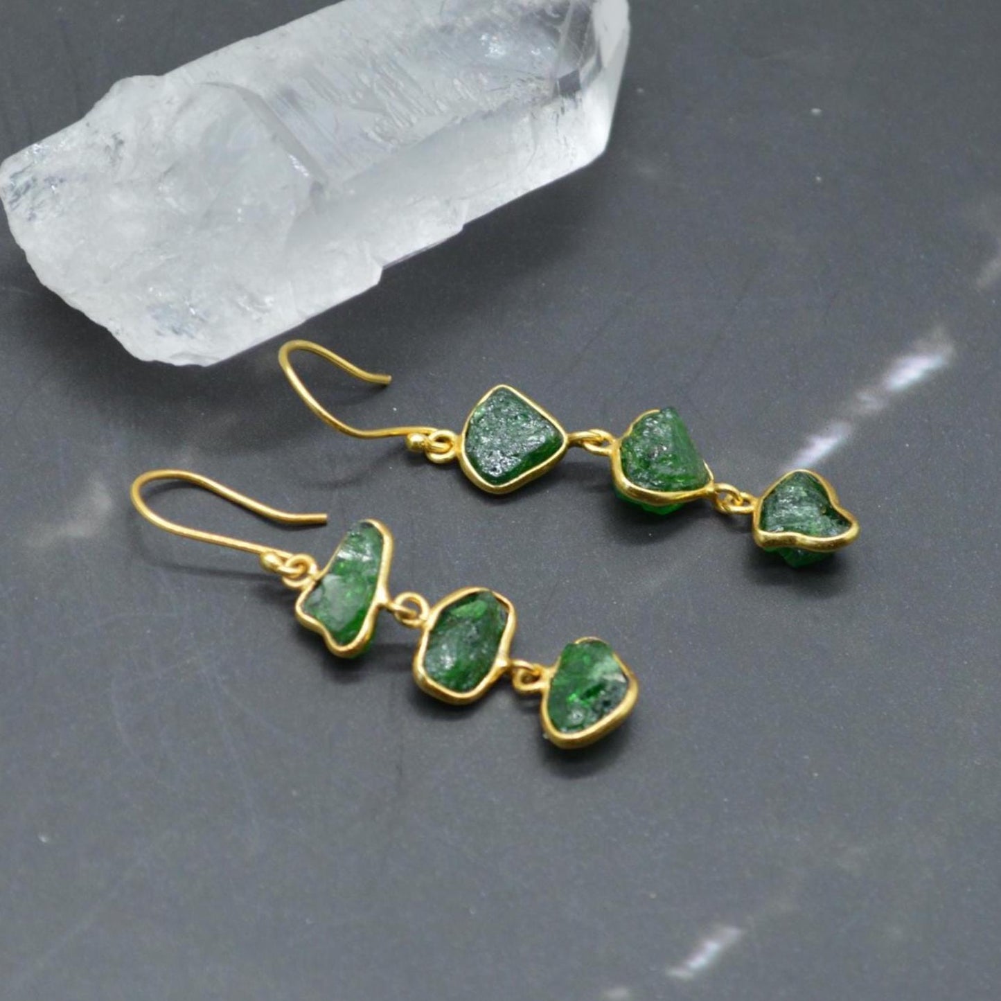 Green Tsavorite Garnet Gold Earrings: Sterling Silver, Gemstone Dangle Drop, January Birthstone