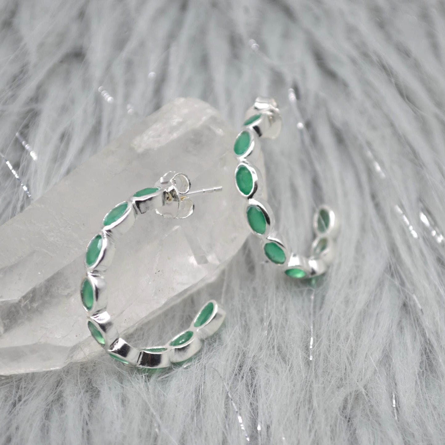 Green Onyx Hoop Earrings: Sterling Silver