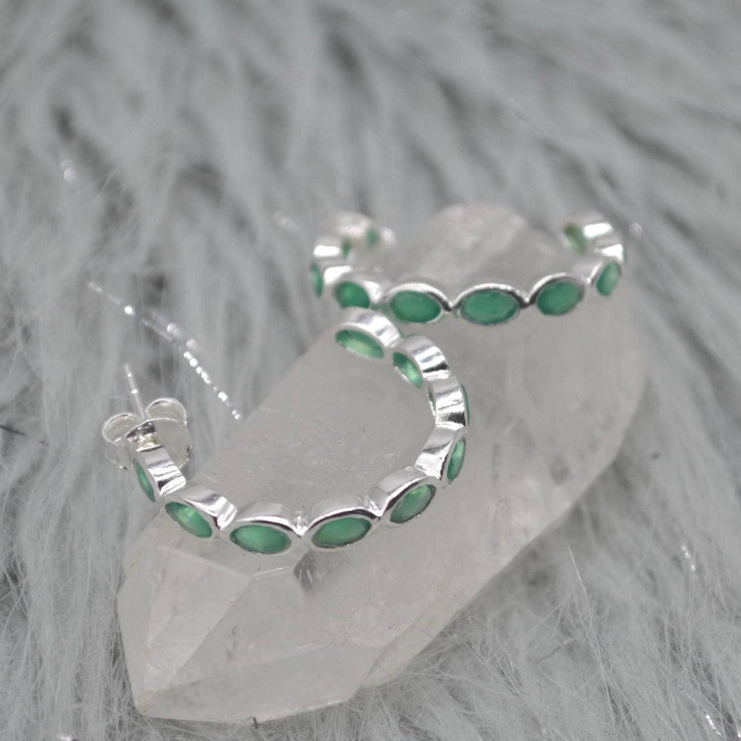 Green Onyx Hoop Earrings: Sterling Silver