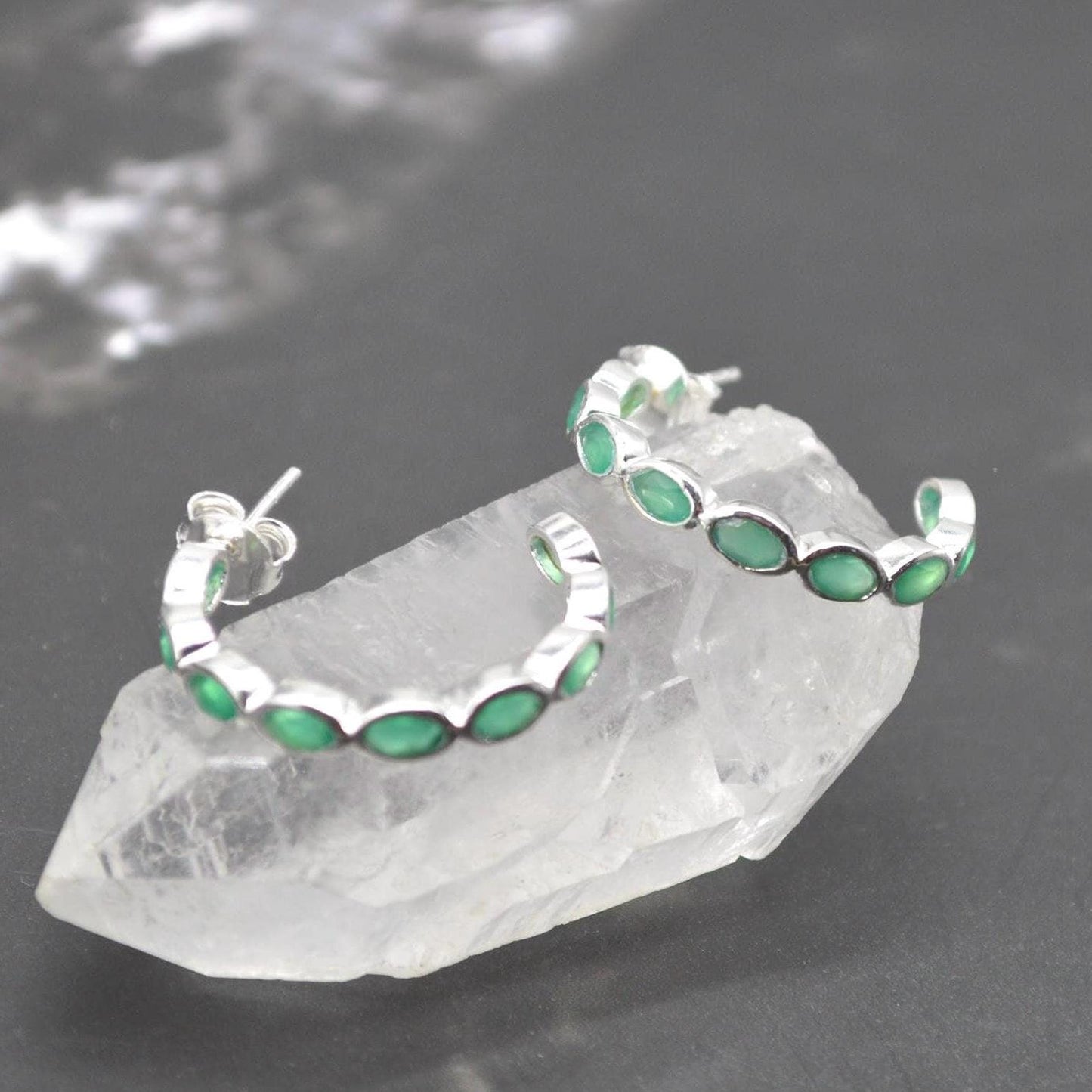 Green Onyx Hoop Earrings: Sterling Silver