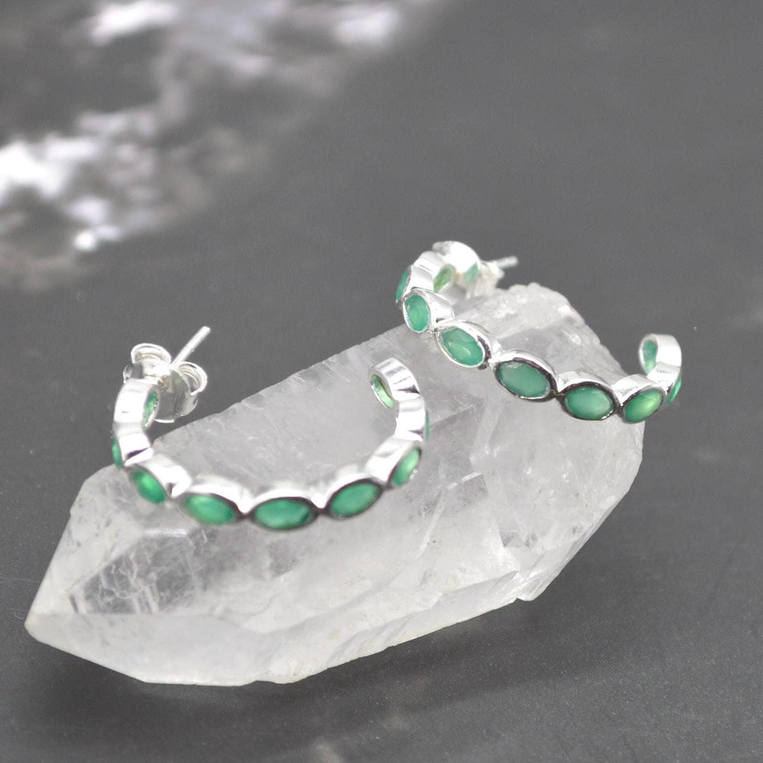 Green Onyx Hoop Earrings: Sterling Silver
