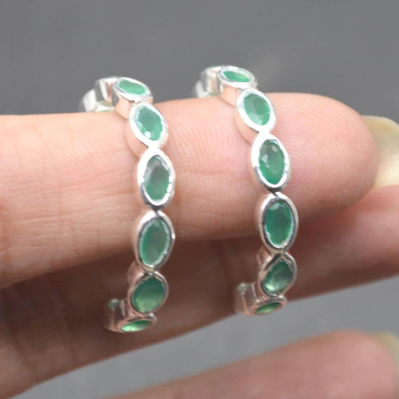 Green Onyx Hoop Earrings: Sterling Silver