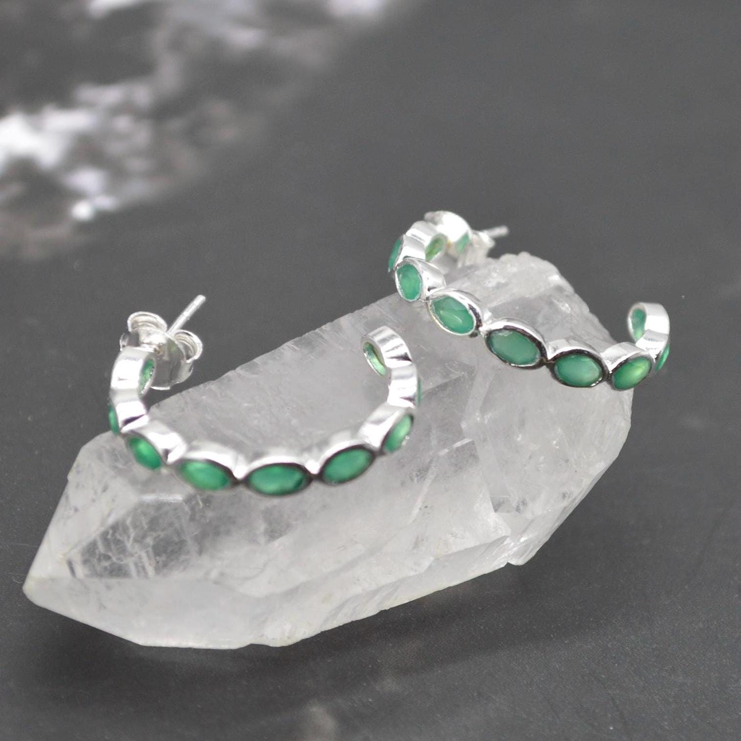 Green Onyx Hoop Earrings: Sterling Silver