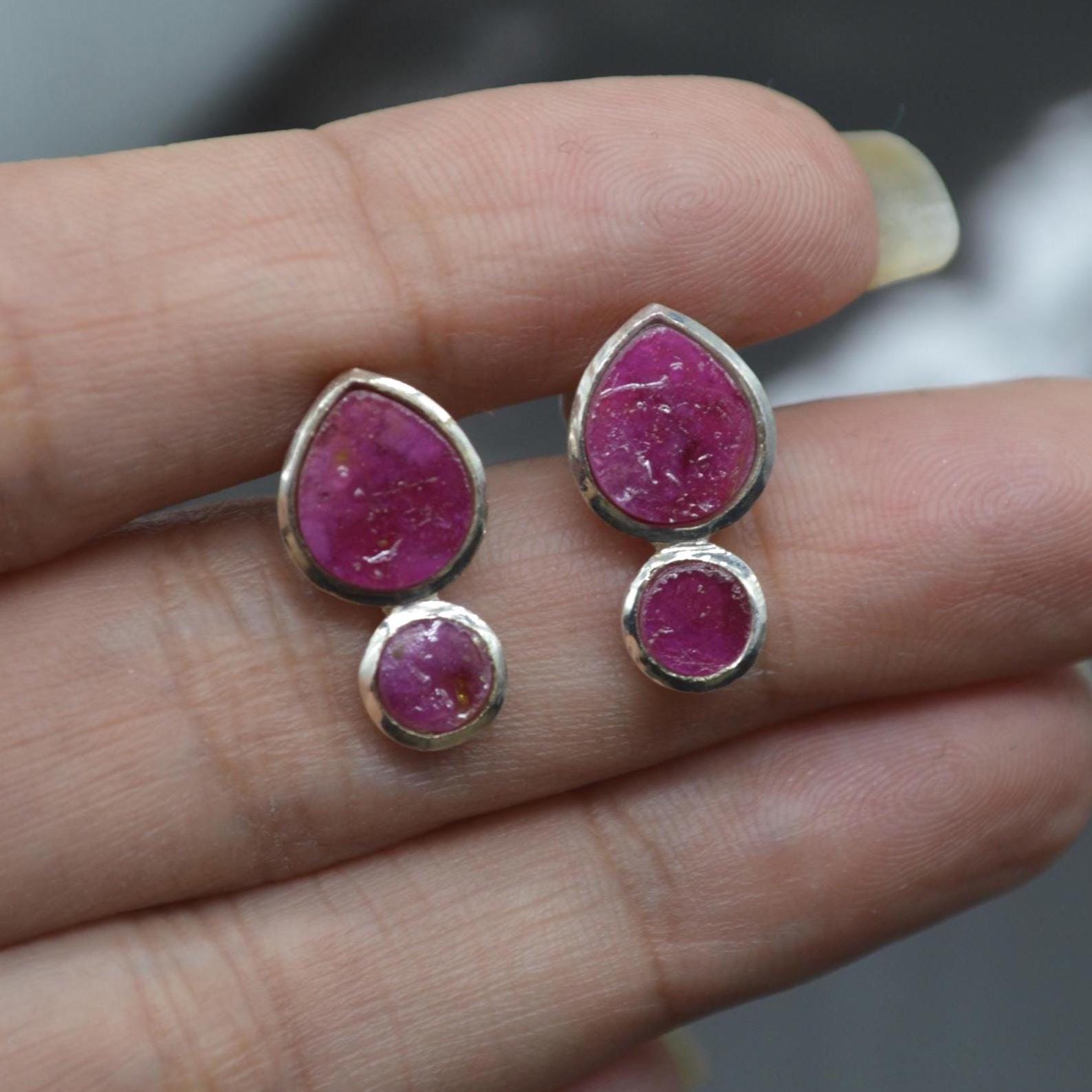 Raw Ruby Stud Earrings: Sterling Silver Studs, July Birthstone, Red Gemstone