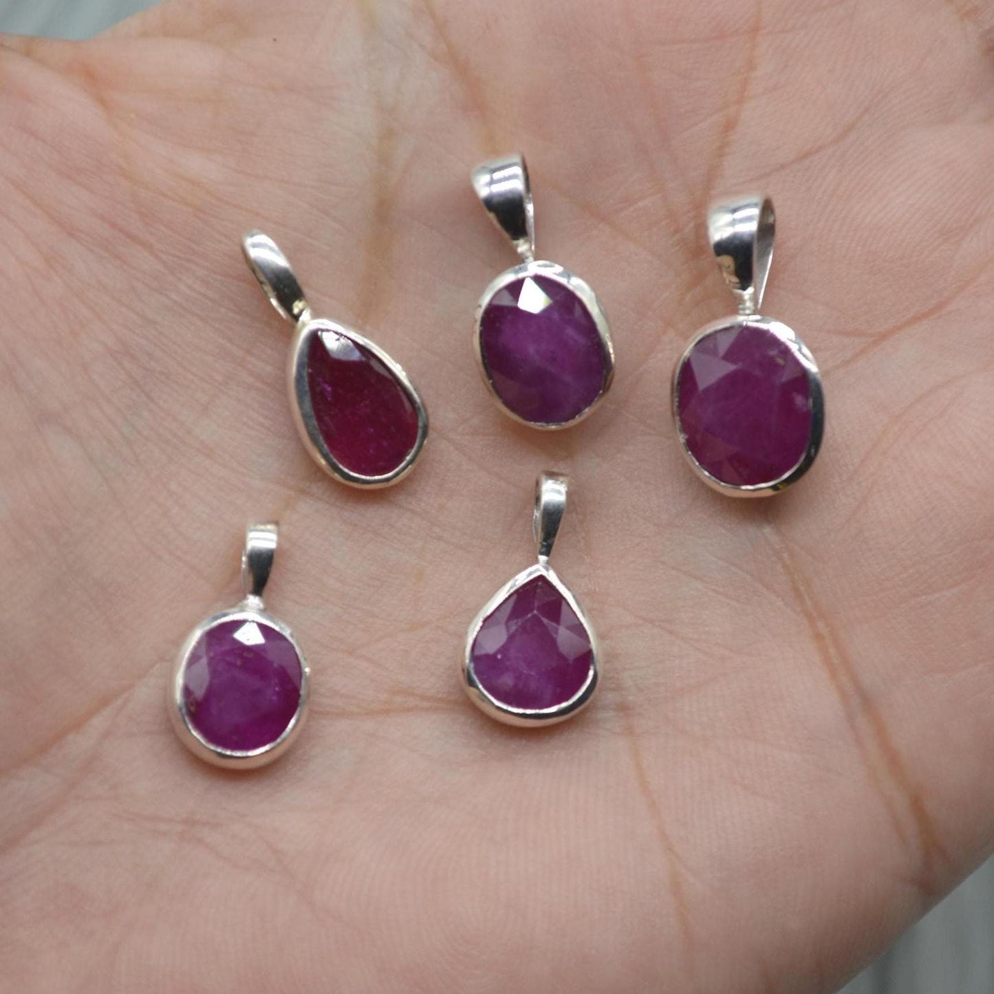Sterling Silver Ruby Pendant: July Birthstone, Chain Necklace, Red Gemstone, Oval or Teardrop