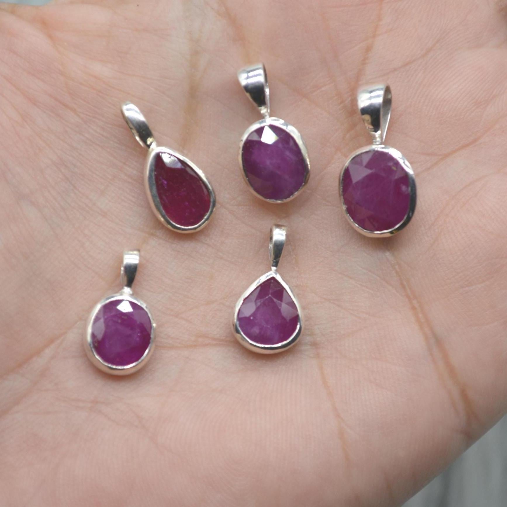 Sterling Silver Ruby Pendant: July Birthstone, Chain Necklace, Red Gemstone, Oval or Teardrop