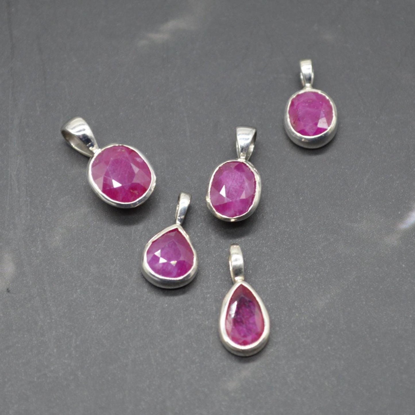 Sterling Silver Ruby Pendant: July Birthstone, Chain Necklace, Red Gemstone, Oval or Teardrop