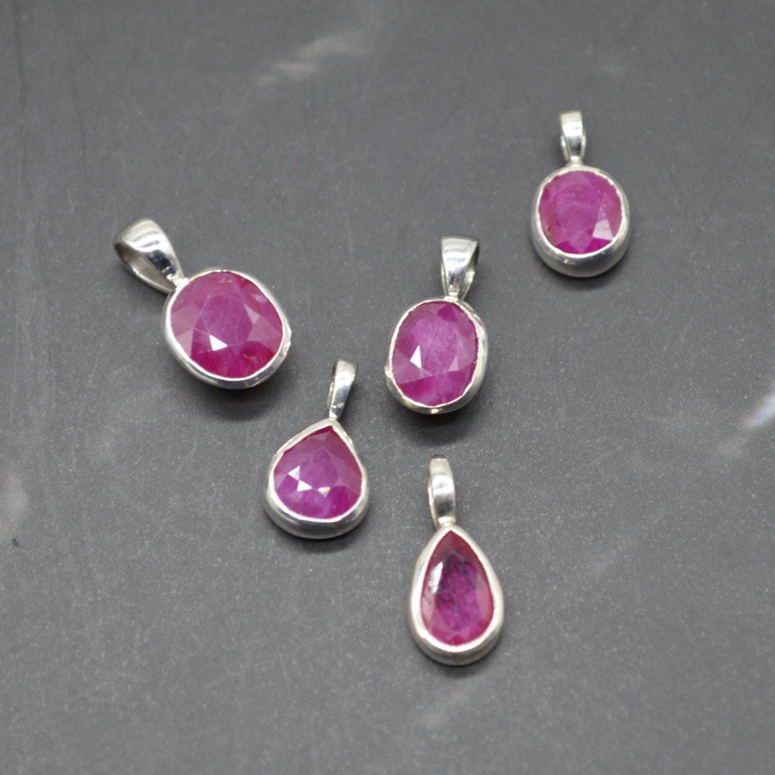 Sterling Silver Ruby Pendant: July Birthstone, Chain Necklace, Red Gemstone, Oval or Teardrop