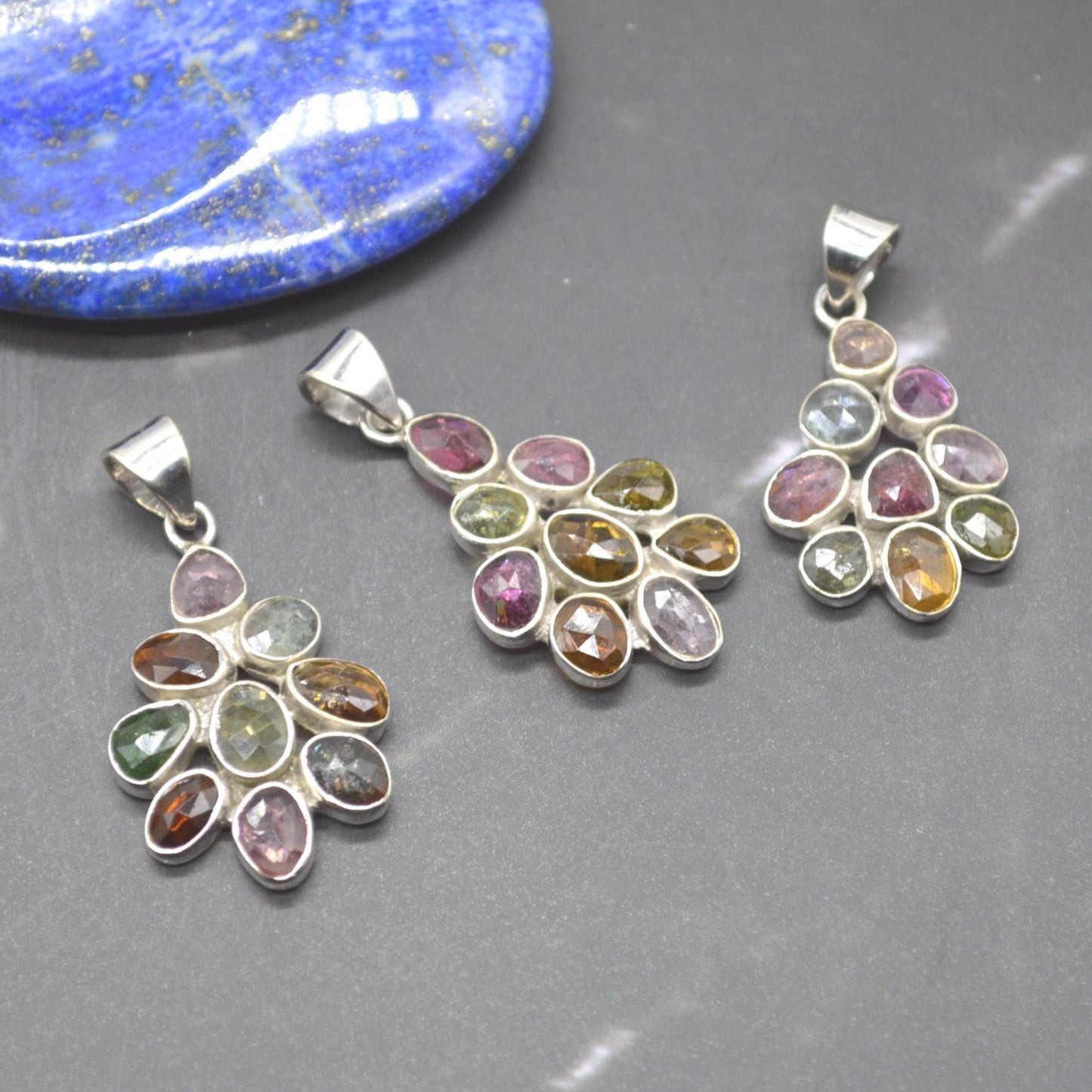 Mixed Tourmaline Pendant: Sterling Silver, Green Yellow Pink Gemstone, October Birthstone