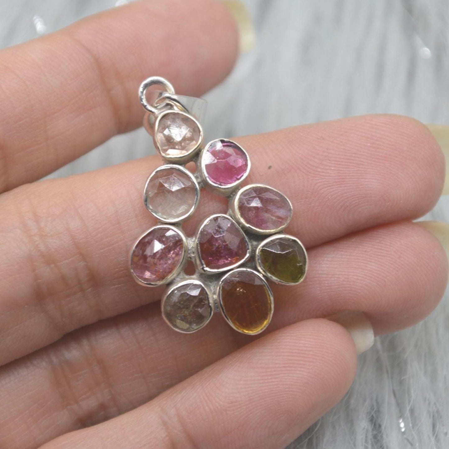 Mixed Tourmaline Pendant: Sterling Silver, Green Yellow Pink Gemstone, October Birthstone
