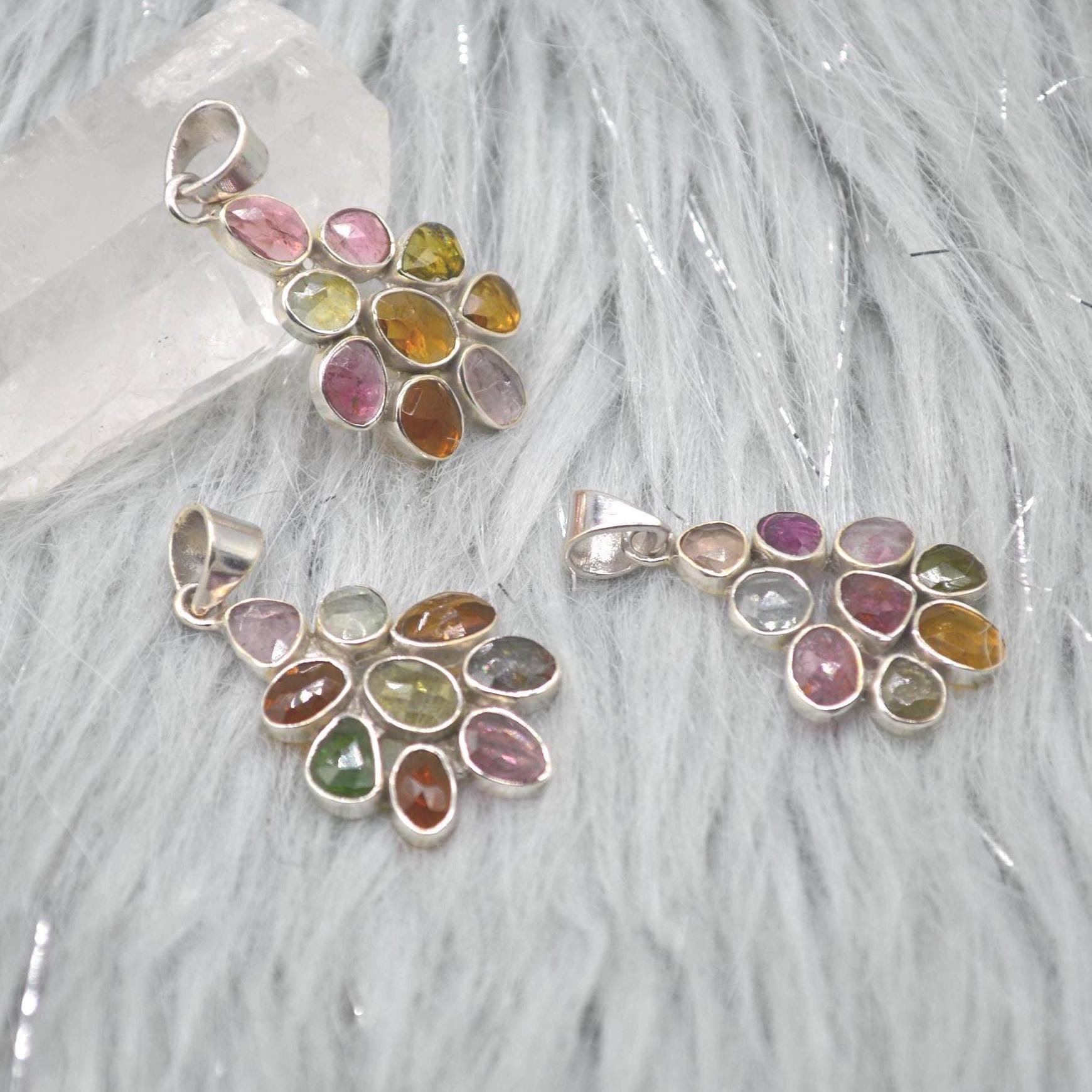 Mixed Tourmaline Pendant: Sterling Silver, Green Yellow Pink Gemstone, October Birthstone