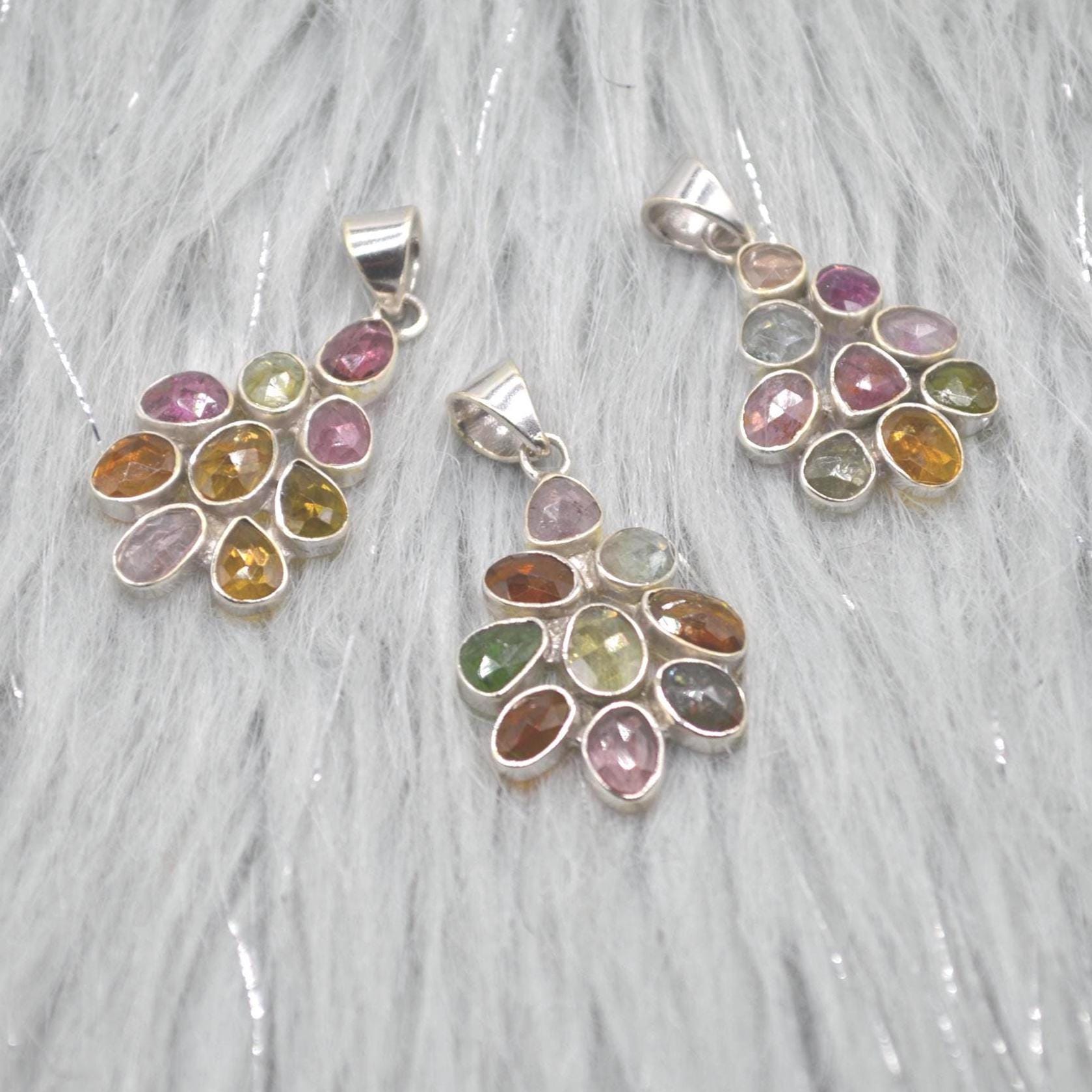 Mixed Tourmaline Pendant: Sterling Silver, Green Yellow Pink Gemstone, October Birthstone
