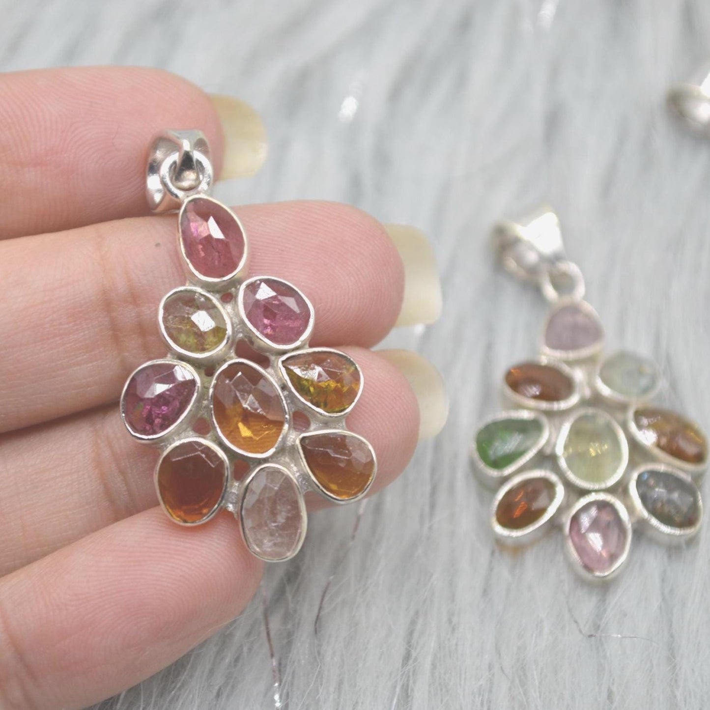 Mixed Tourmaline Pendant: Sterling Silver, Green Yellow Pink Gemstone, October Birthstone