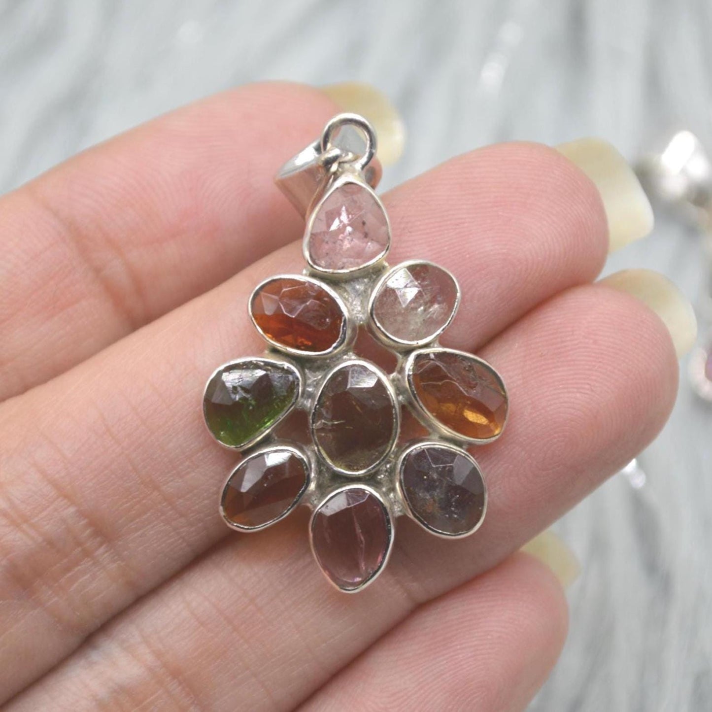Mixed Tourmaline Pendant: Sterling Silver, Green Yellow Pink Gemstone, October Birthstone