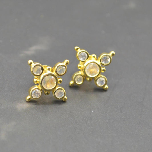 Rainbow Moonstone Gold Stud Earrings: Sterling Silver