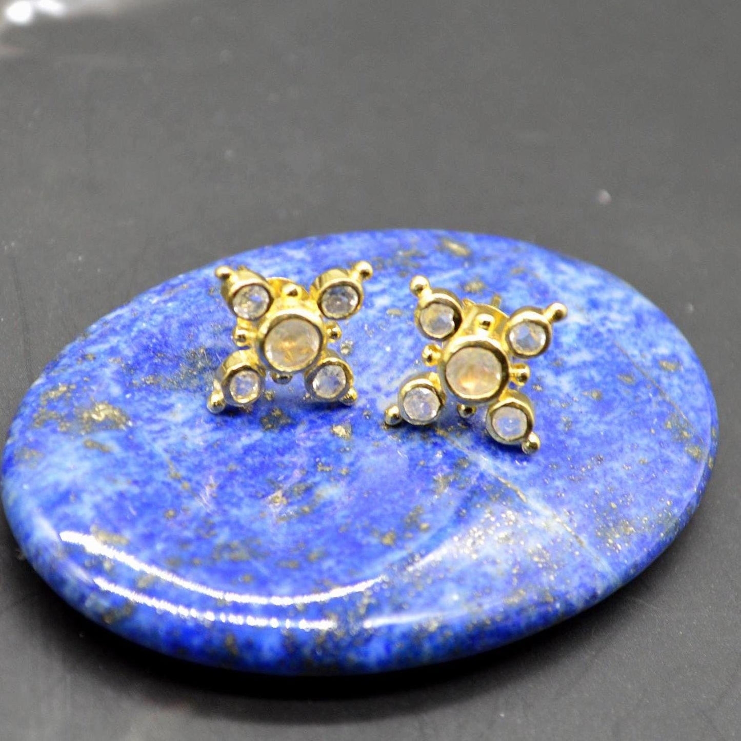 Rainbow Moonstone Gold Stud Earrings: Sterling Silver