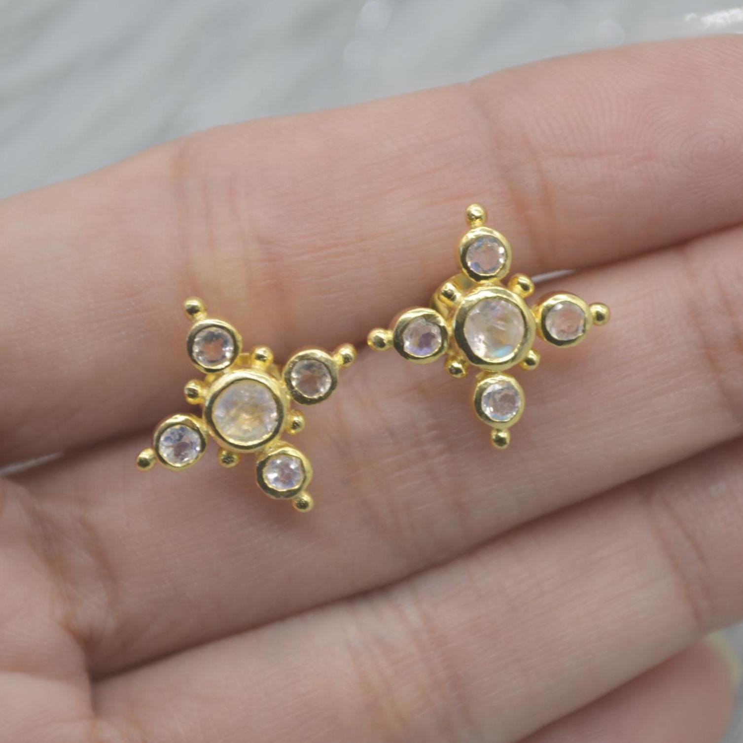 Rainbow Moonstone Gold Stud Earrings: Sterling Silver