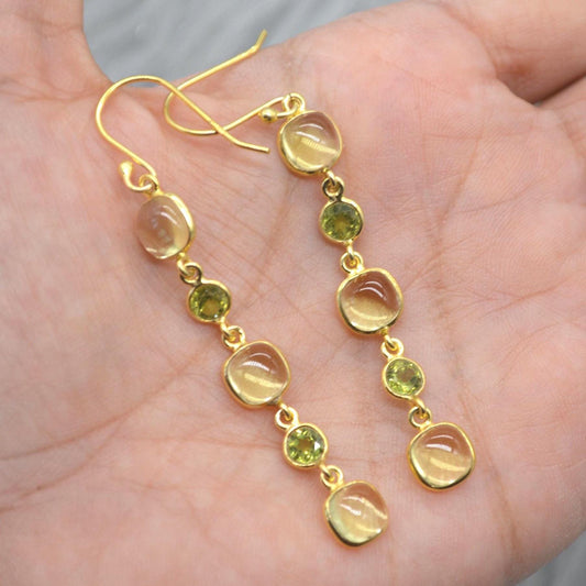 Lemon Quartz, Peridot Gold Earrings: Sterling Silver Dangle Drop, August Birthstone