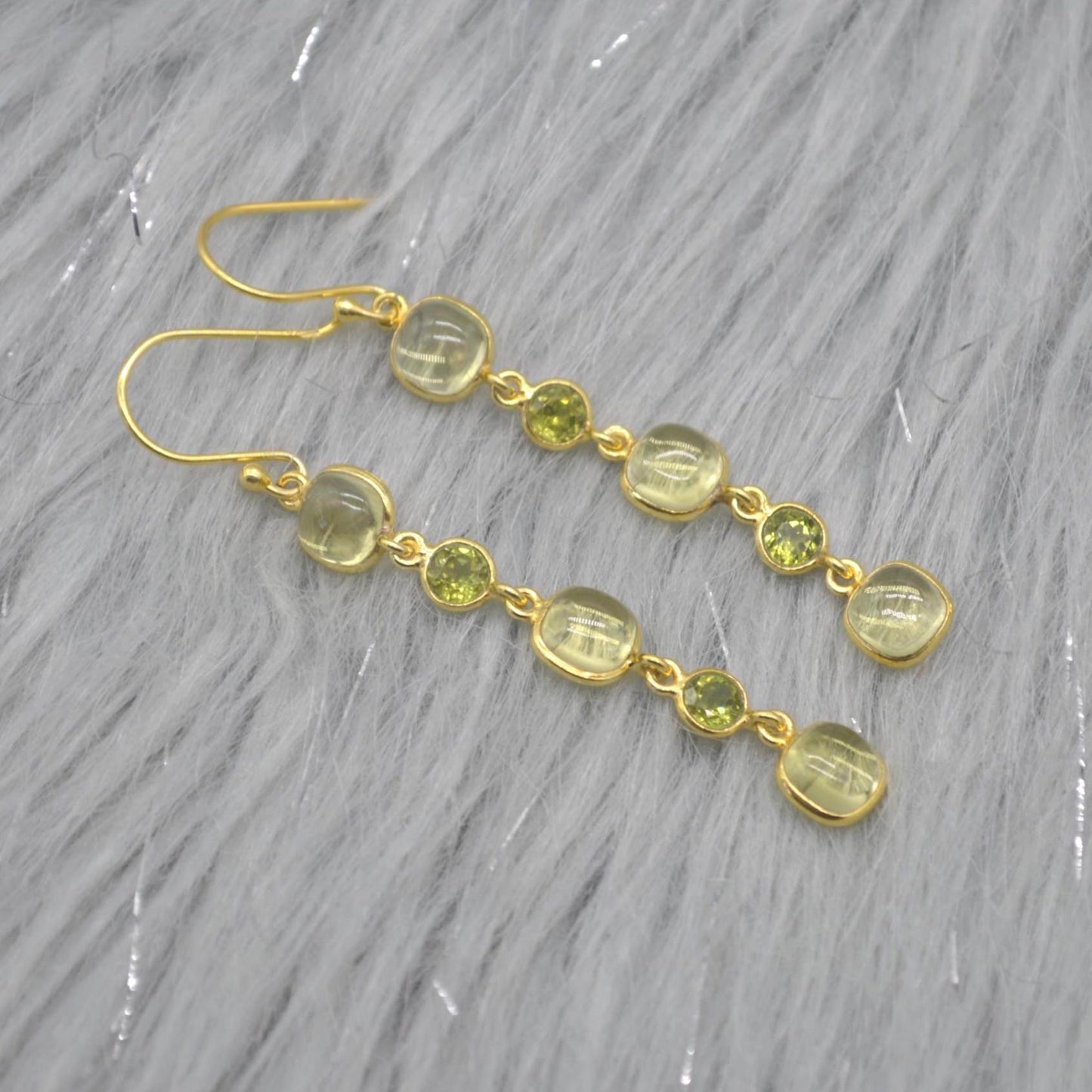 Lemon Quartz, Peridot Gold Earrings: Sterling Silver Dangle Drop, August Birthstone