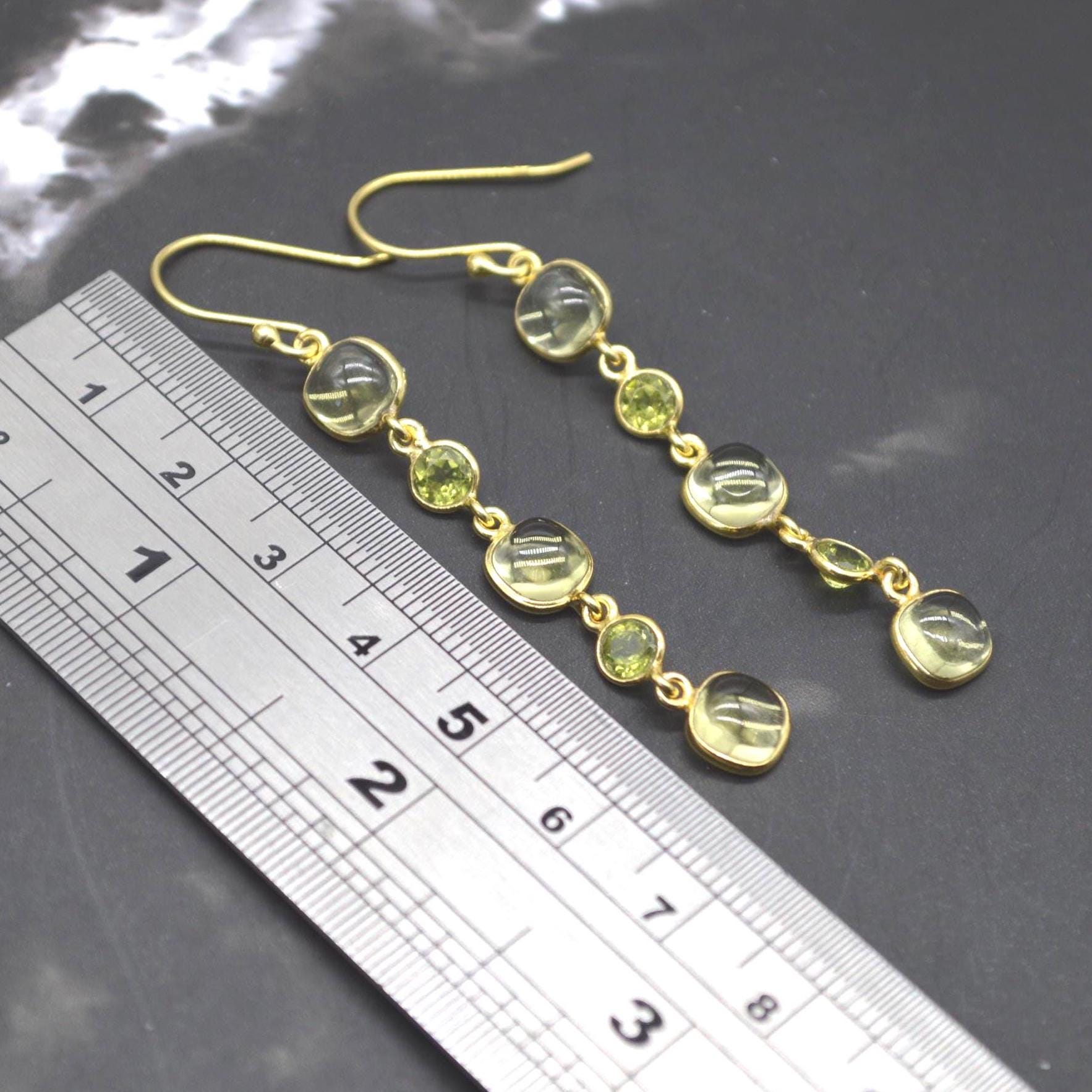 Lemon Quartz, Peridot Gold Earrings: Sterling Silver Dangle Drop, August Birthstone