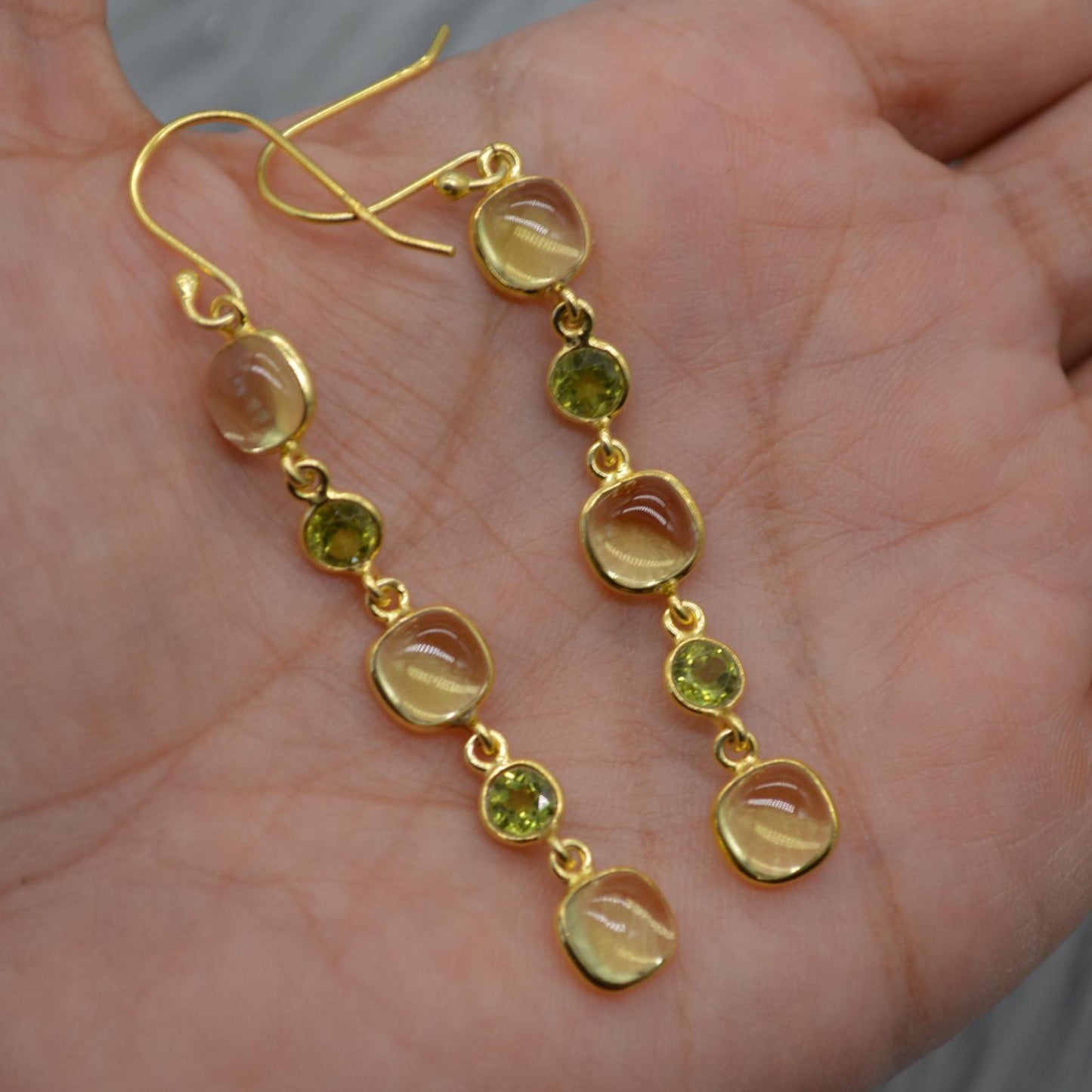 Lemon Quartz, Peridot Gold Earrings: Sterling Silver Dangle Drop, August Birthstone