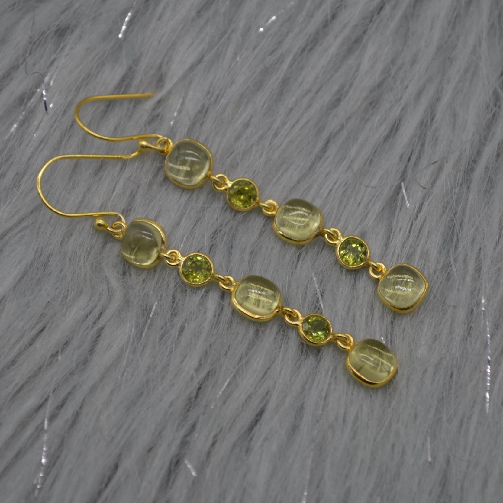 Lemon Quartz, Peridot Gold Earrings: Sterling Silver Dangle Drop, August Birthstone