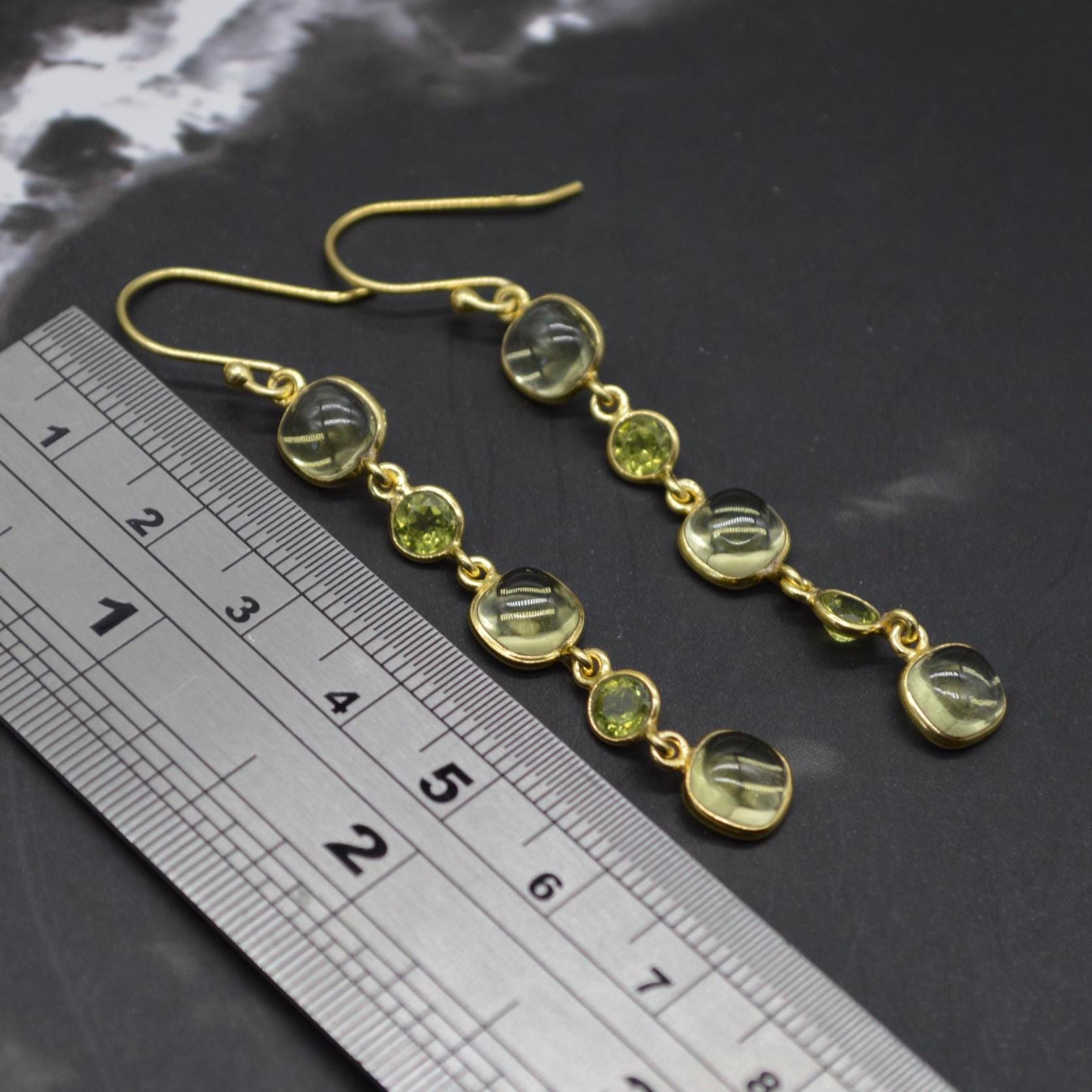 Lemon Quartz, Peridot Gold Earrings: Sterling Silver Dangle Drop, August Birthstone
