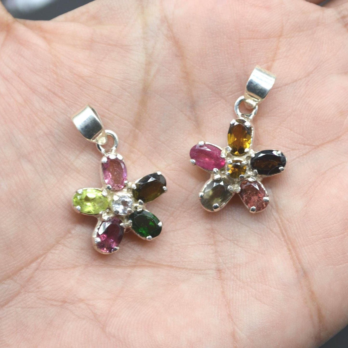 Tourmaline Silver Pendant Necklace: Pink, Green, Yellow Gemstone, October Birthstone