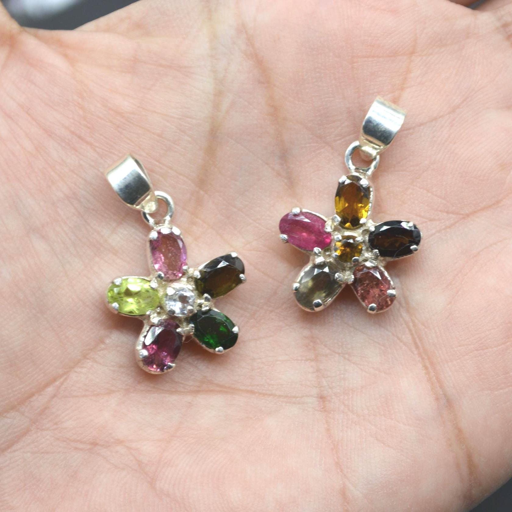 Tourmaline Silver Pendant Necklace: Pink, Green, Yellow Gemstone, October Birthstone