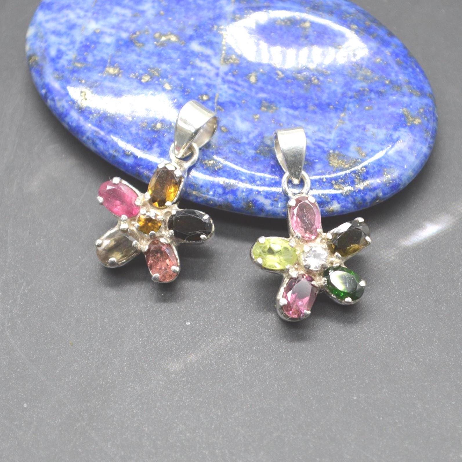 Tourmaline Silver Pendant Necklace: Pink, Green, Yellow Gemstone, October Birthstone