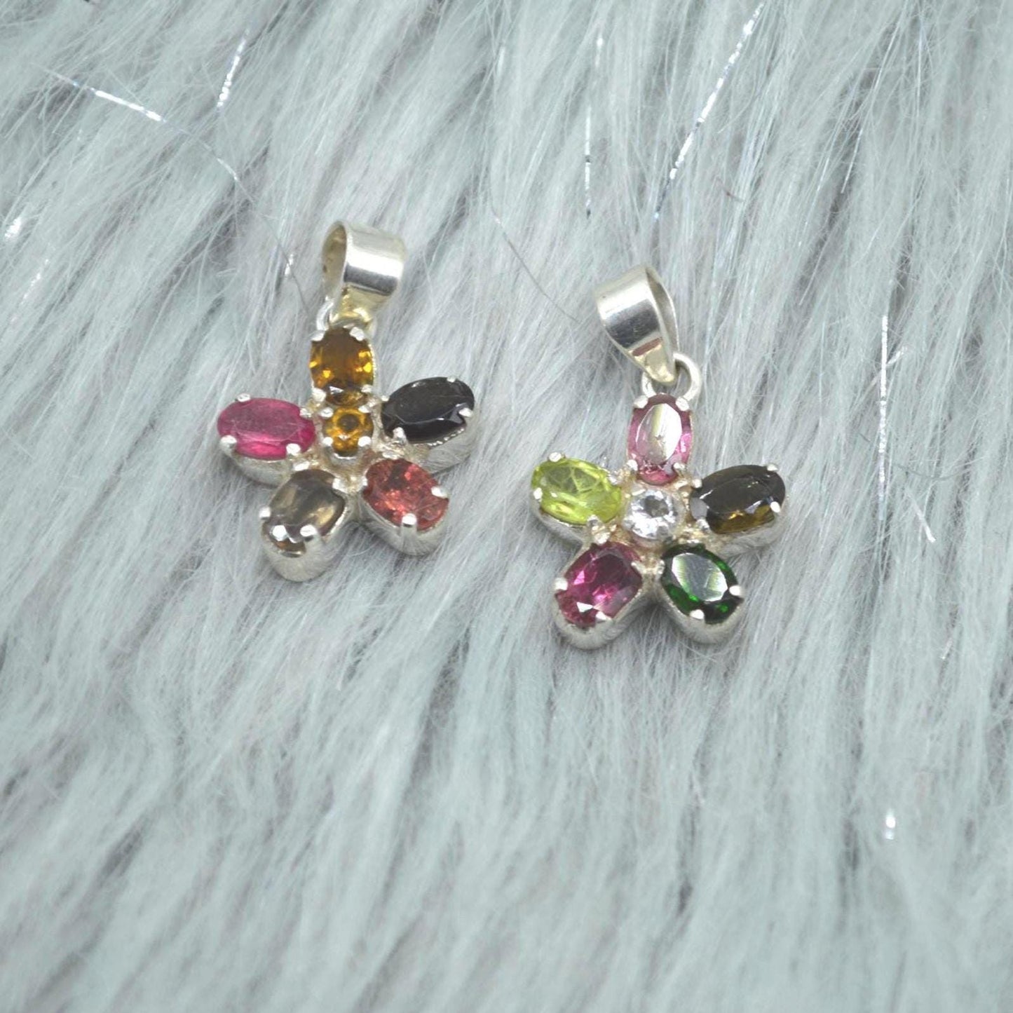 Tourmaline Silver Pendant Necklace: Pink, Green, Yellow Gemstone, October Birthstone