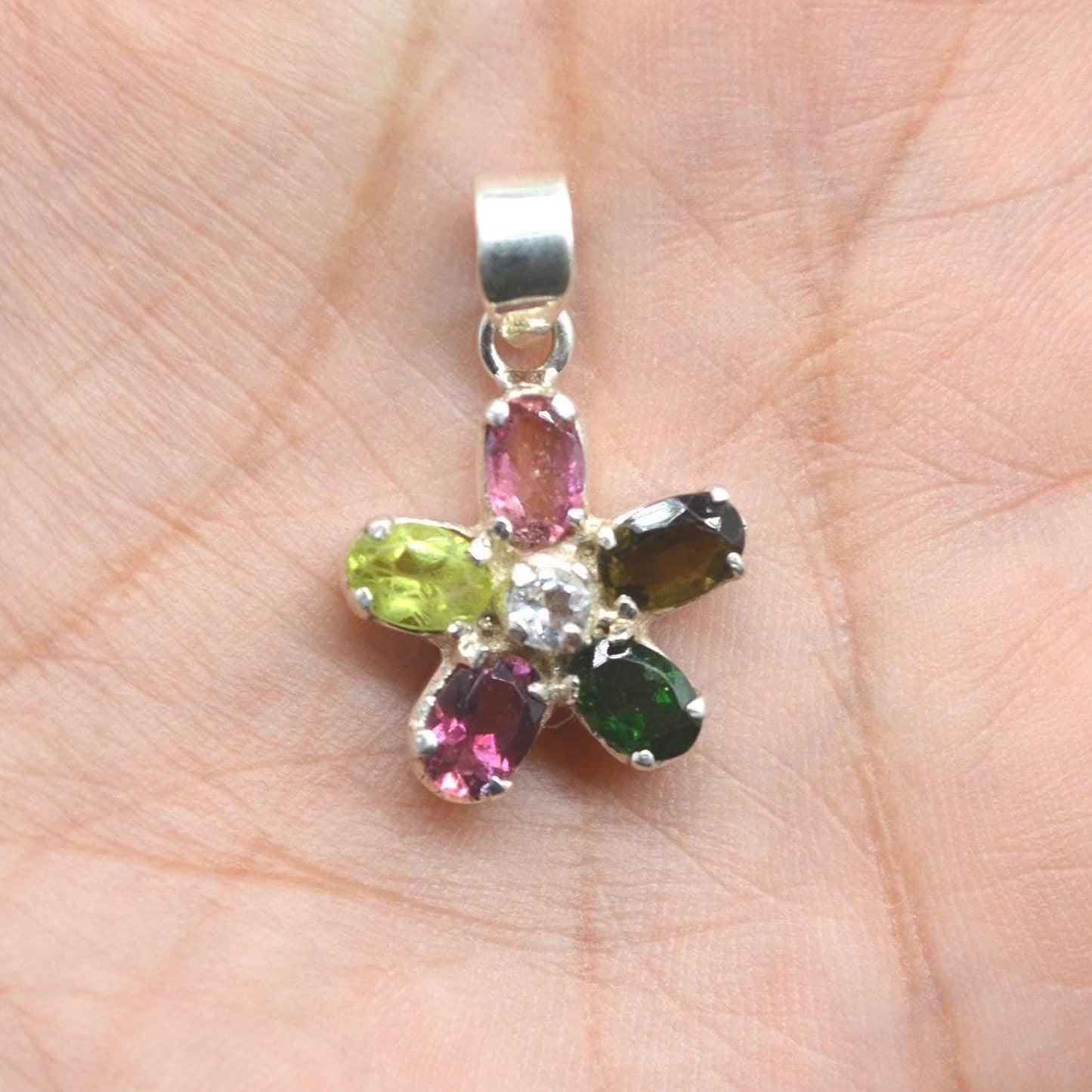 Tourmaline Silver Pendant Necklace: Pink, Green, Yellow Gemstone, October Birthstone